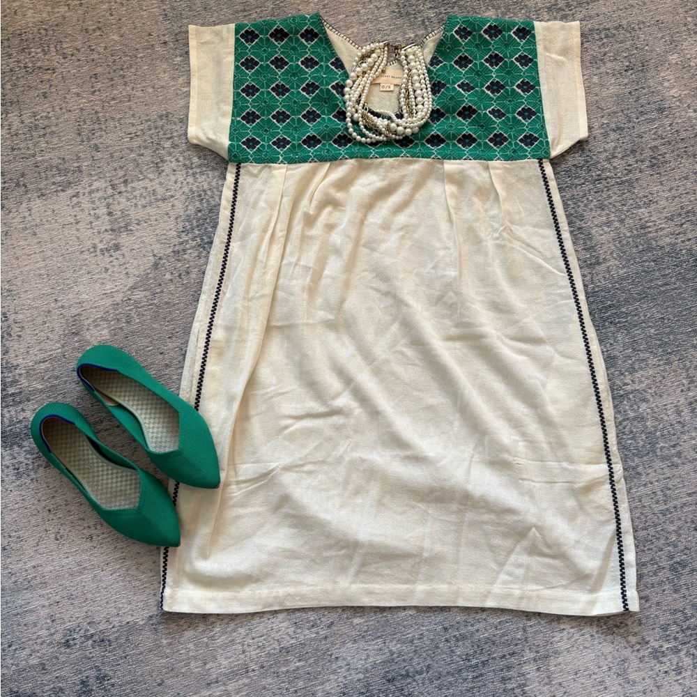 Elegant Cream and Green Embroidered Dress